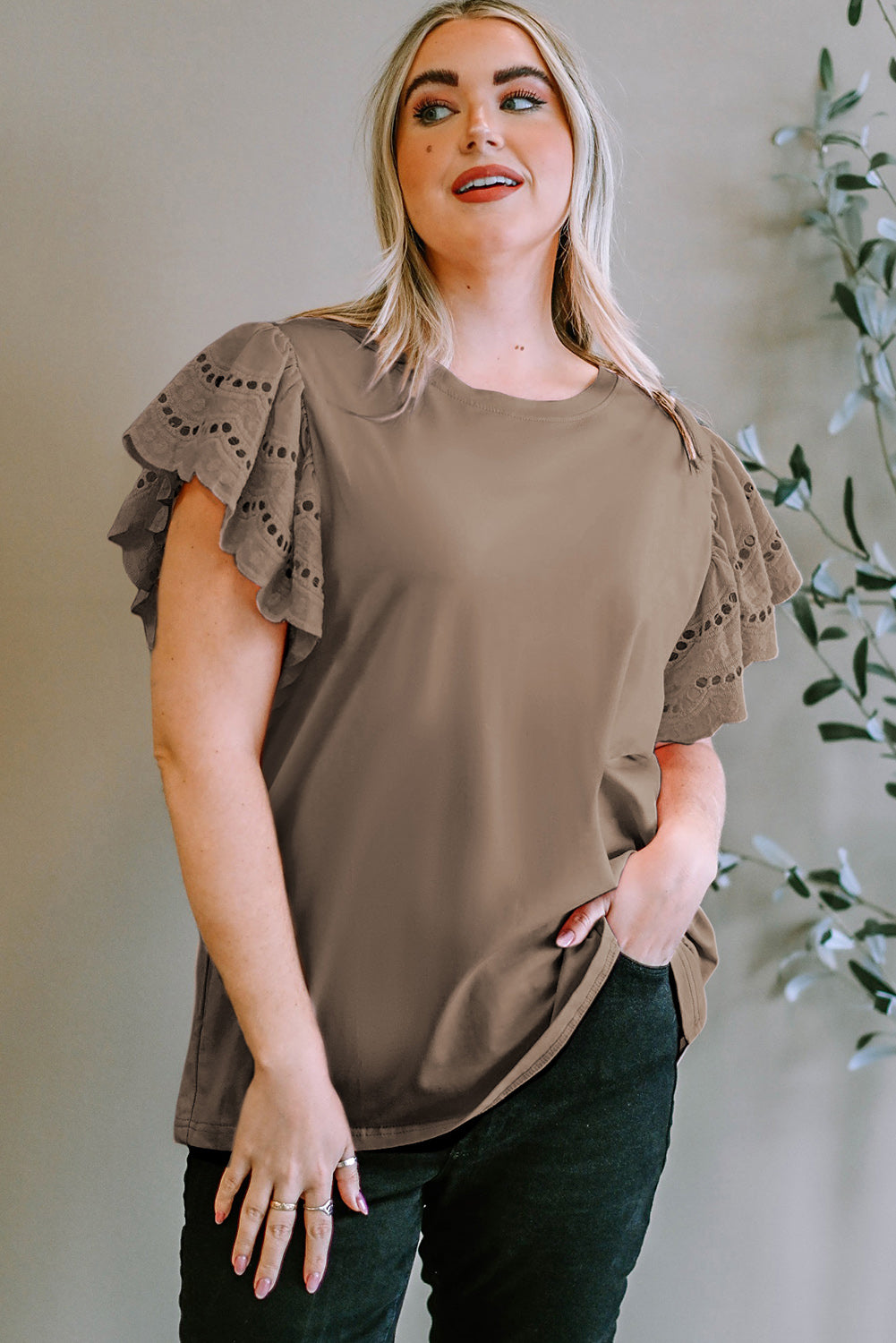 Plus Size Eyelet Round Neck Short Sleeve Blouse - Smart Shopper