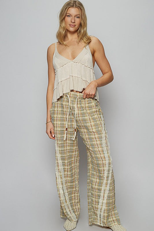 POL Lace Trim Drawstring Checkered Wide Leg Pants - Smart Shopper