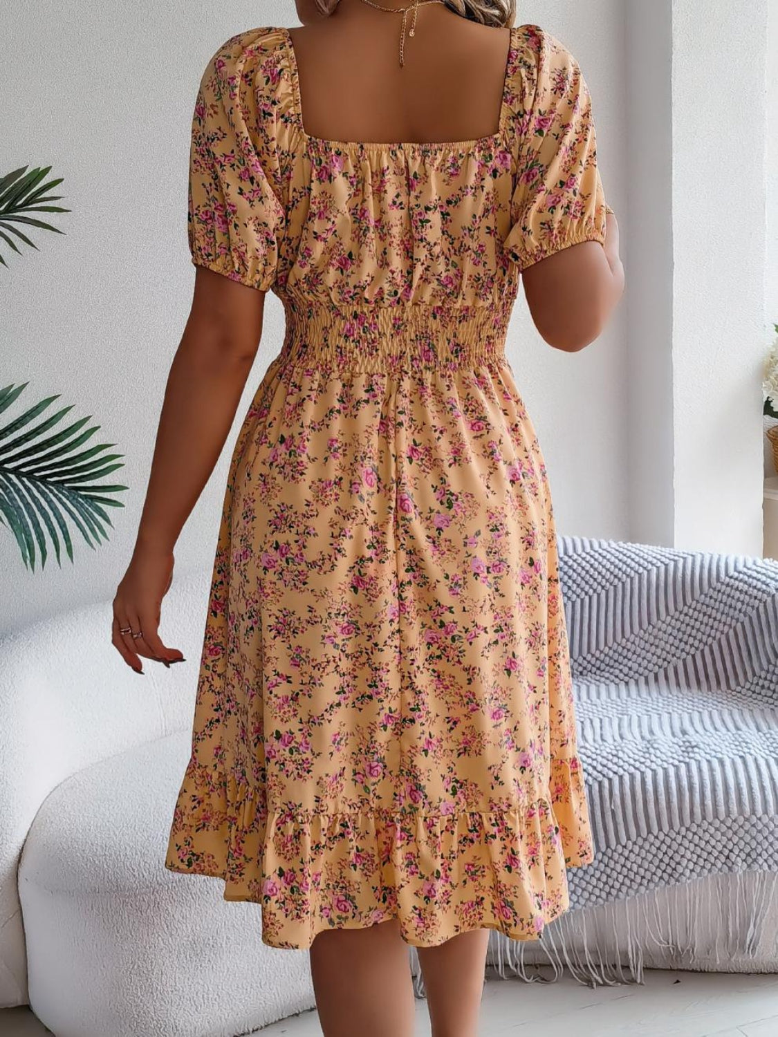 Ruffled Hem Smocked Printed Puff Sleeve Dress - Smart Shopper