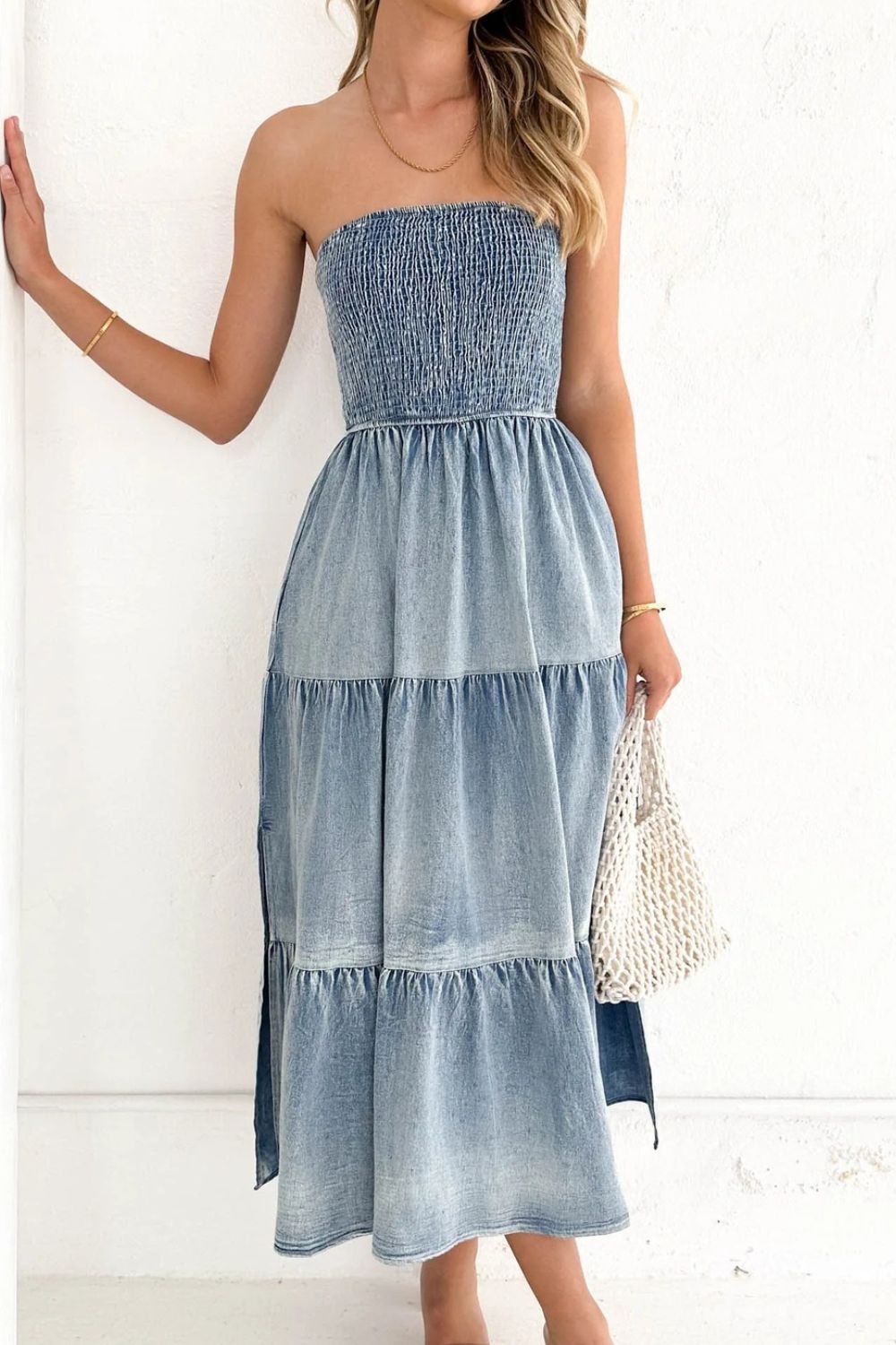 Smocked Tube Slit Tiered Denim Dress - Smart Shopper