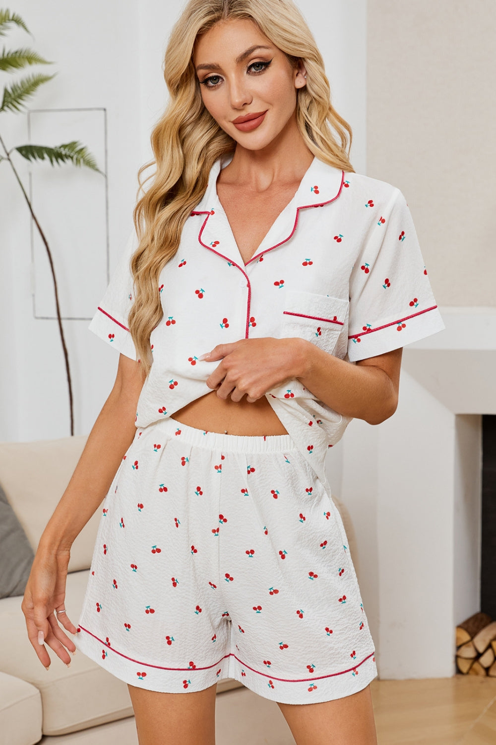 Cheery Print Collared Neck Top and Shorts Lounge Set - Smart Shopper