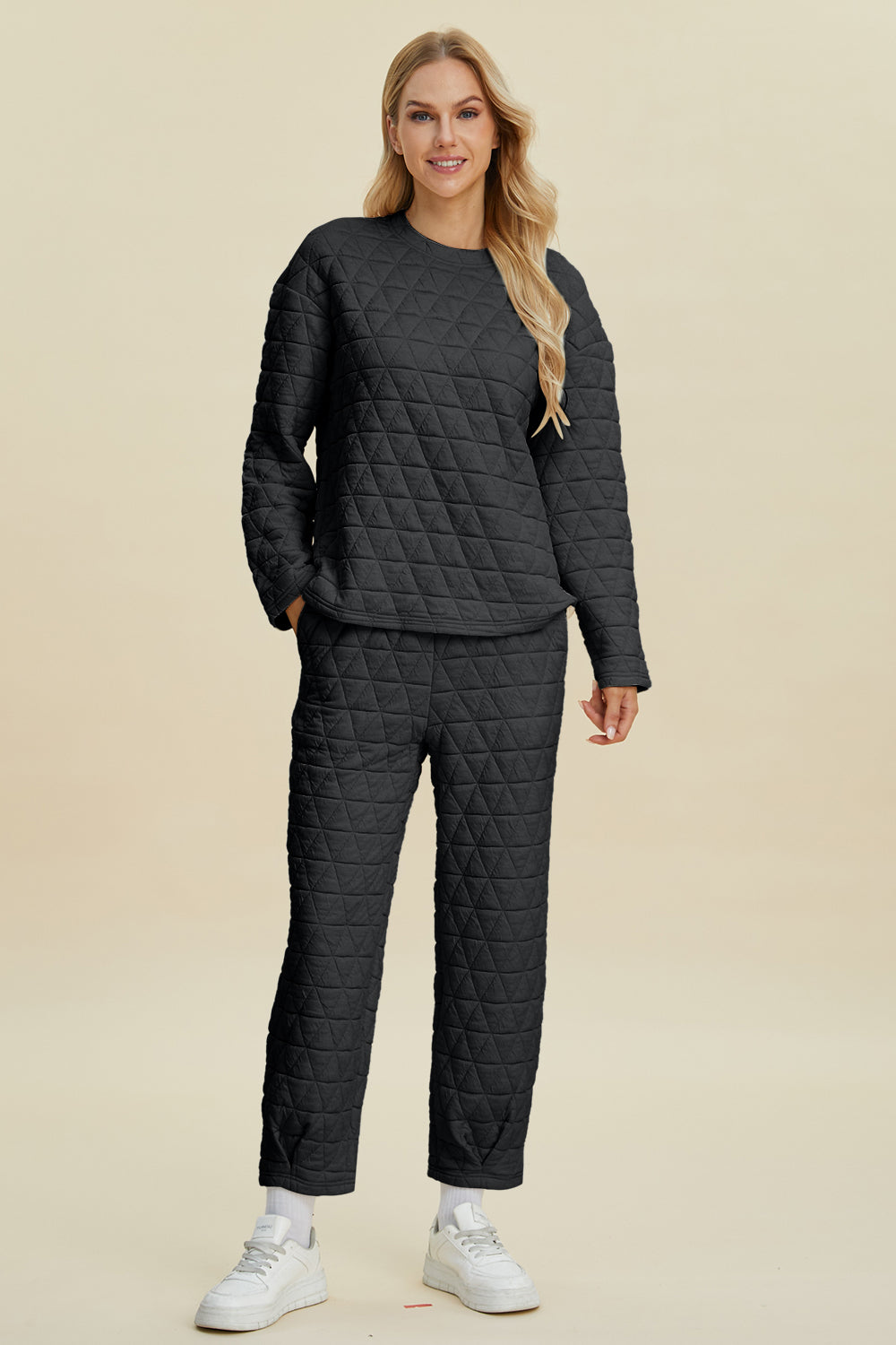 Double Take Full Size Texture Round Neck Long Sleeve Top and Pants Set - Smart Shopper