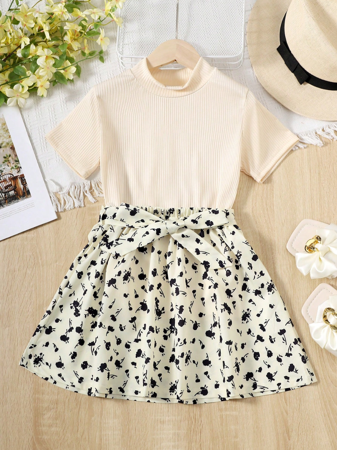 Children's Ribbed T-Shirt and Contrast Floral Skirt Set - Smart Shopper