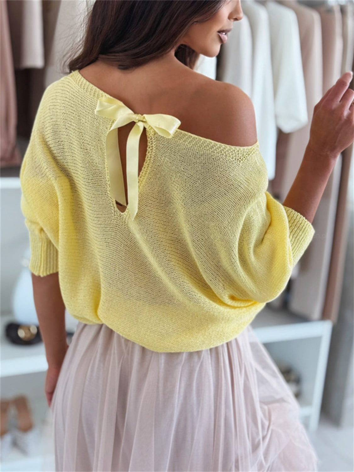 Bow Back Boat Neck Batwing Sleeve Sweater - Smart Shopper