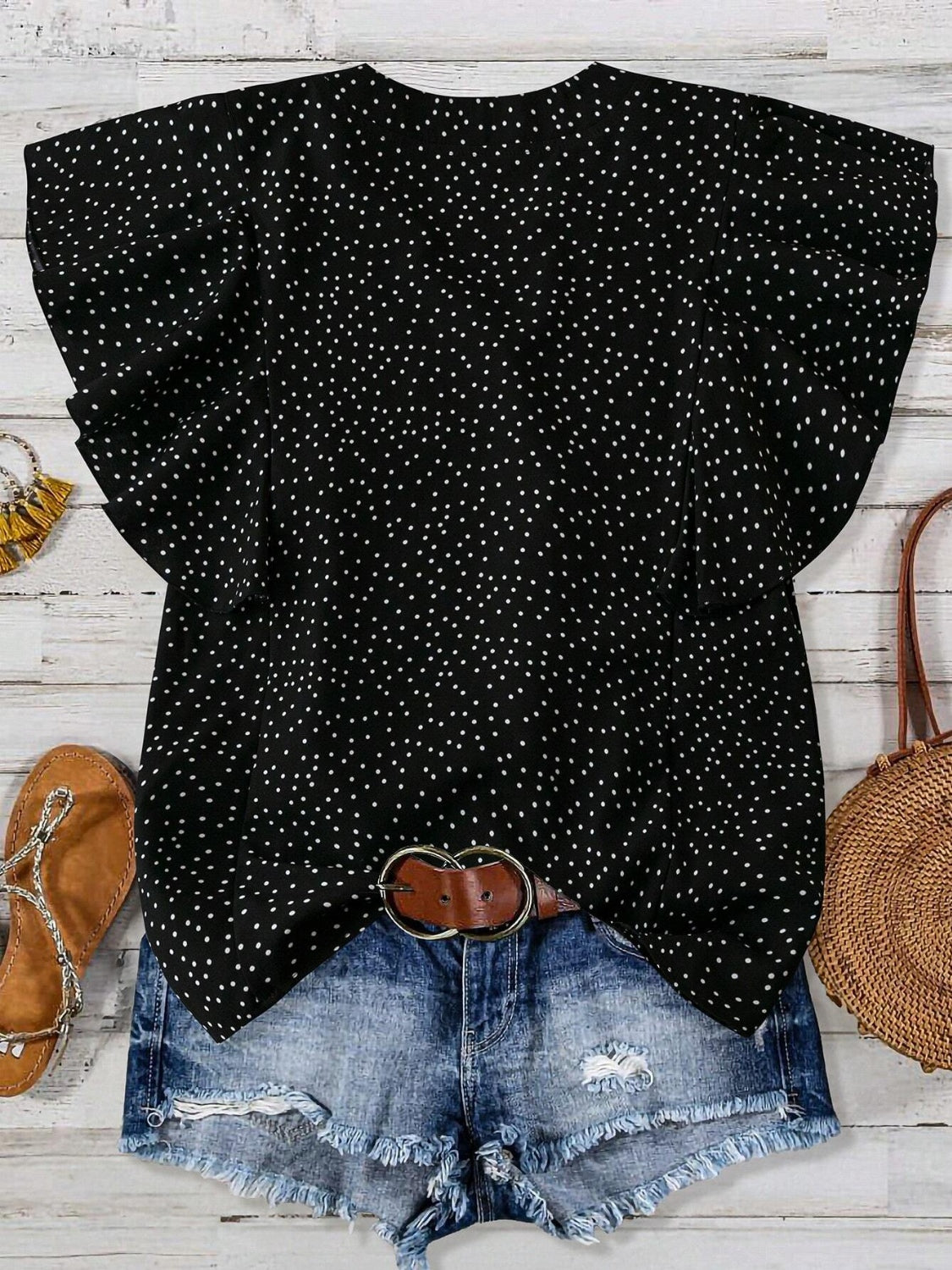 Polka Dot Notched Ruffled Cap Sleeve Blouse - Smart Shopper