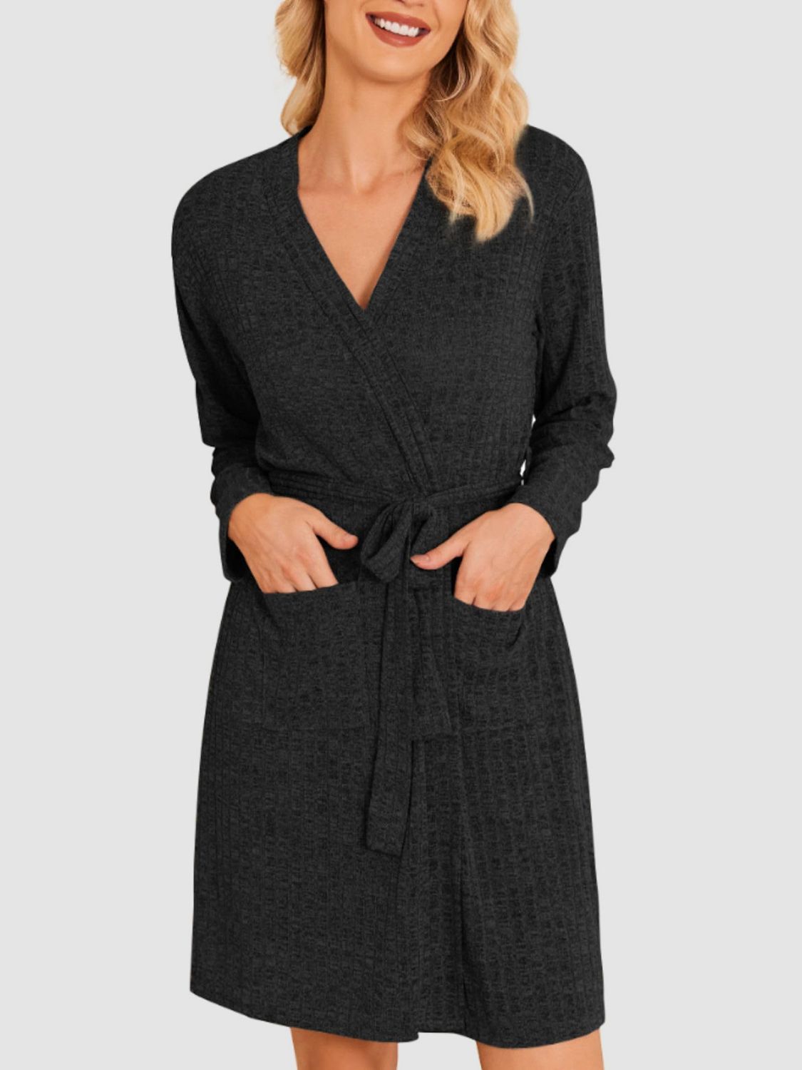 Tied Solid Lounge Nightgown with Pockets - Smart Shopper