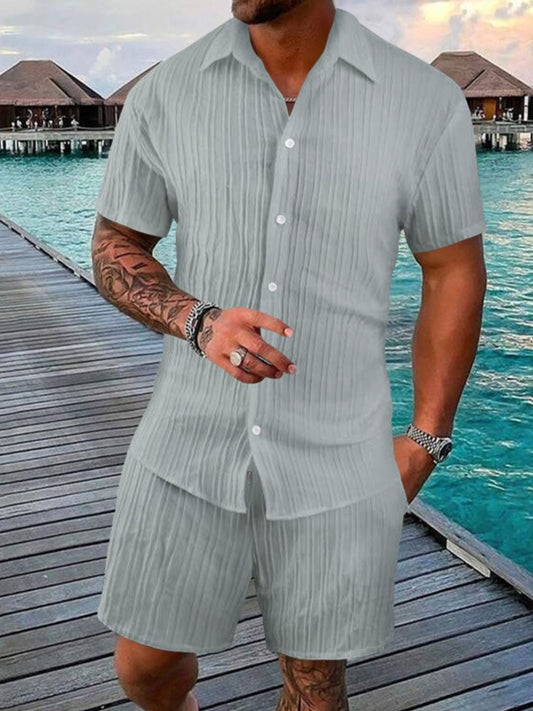 Men's Full Size Button Down Short Sleeve Shirt and Shorts Set Plus Size - Smart Shopper