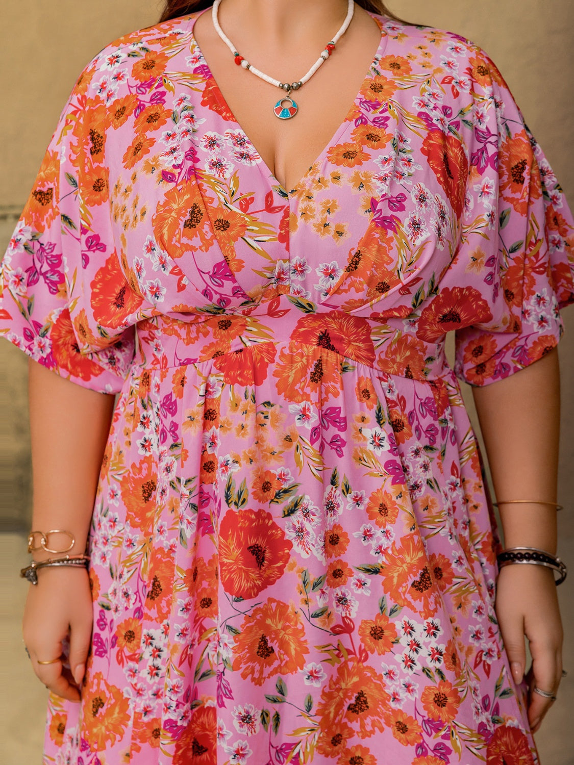 Plus Size Slit Floral V-Neck Half Sleeve Maxi Dress - Smart Shopper