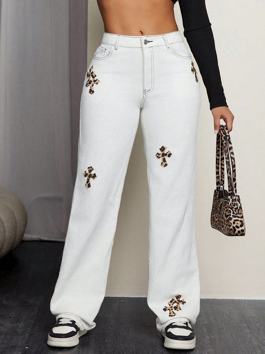 Leopard Cross Detail Straight Leg Jeans - Smart Shopper