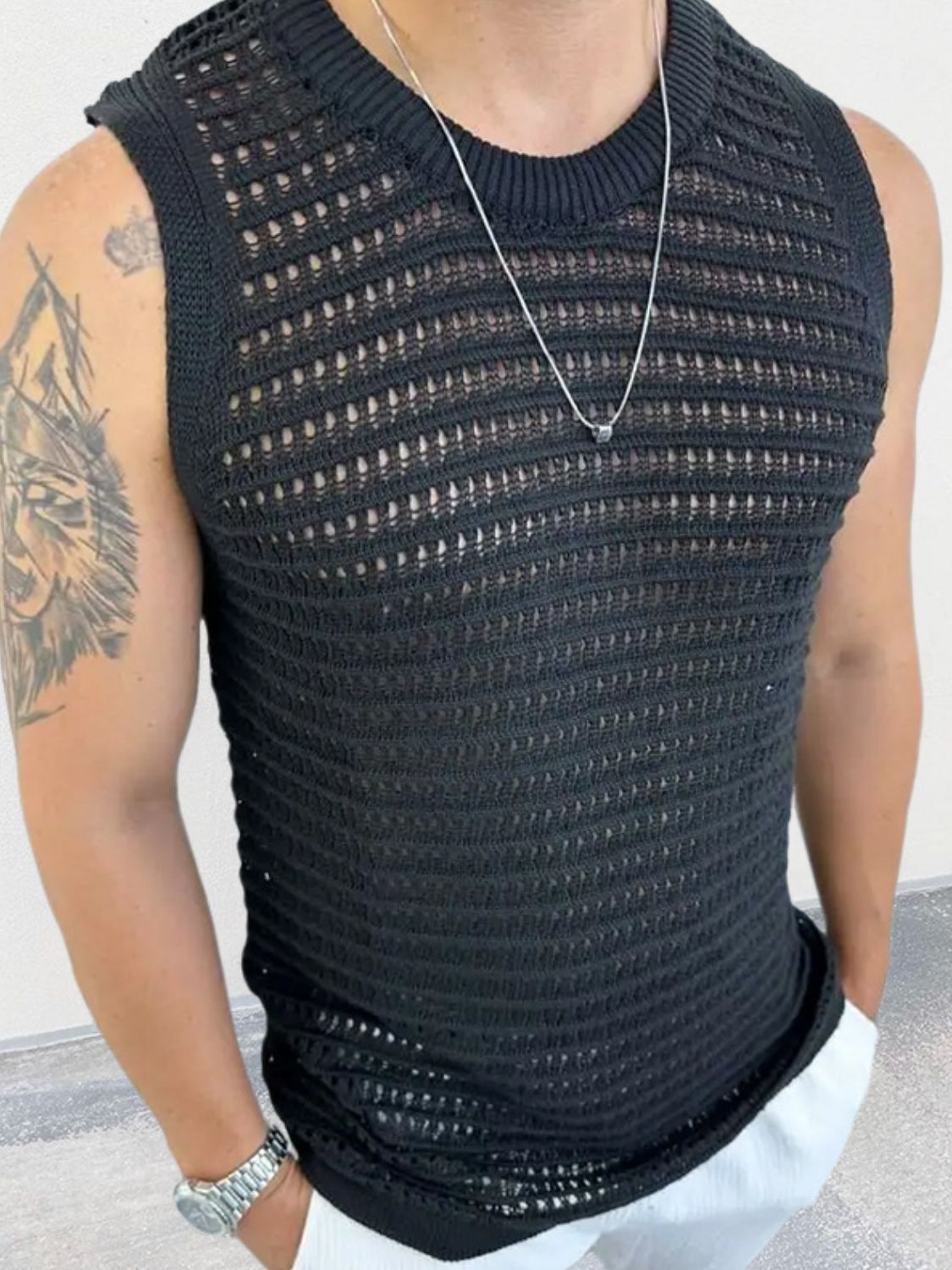 Men's Round Neck Hollow Out Sleeveless Knit Top - Smart Shopper