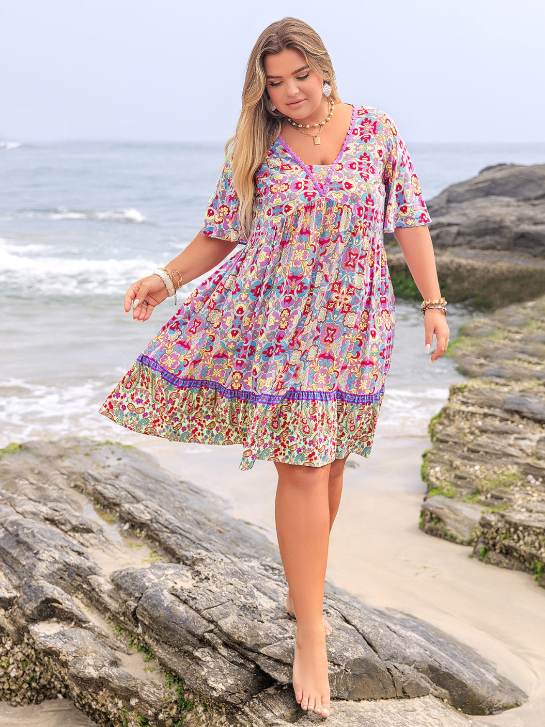 Plus Size Lace Detail Printed Half Sleeve Dress - Smart Shopper