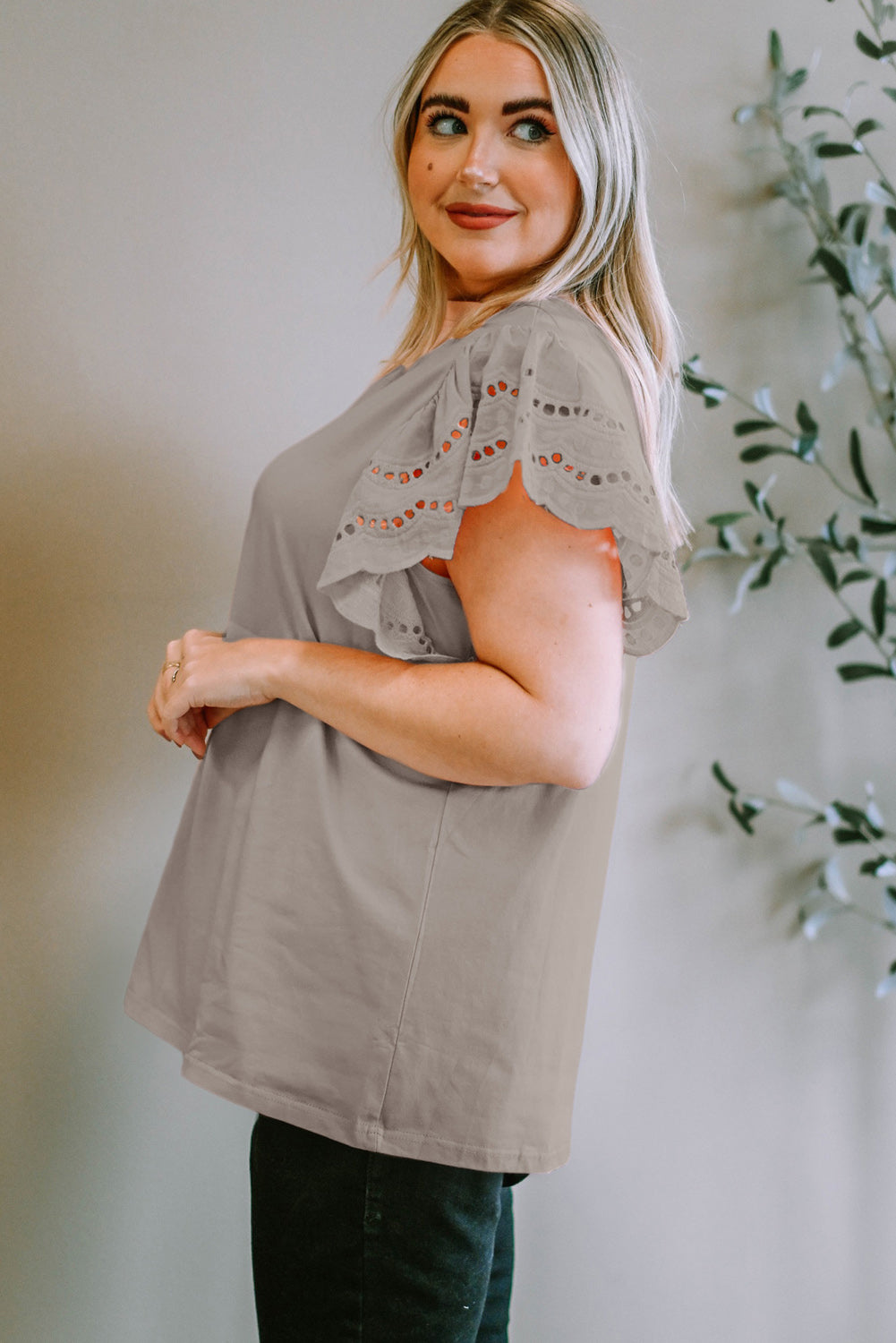 Plus Size Eyelet Round Neck Short Sleeve Blouse - Smart Shopper