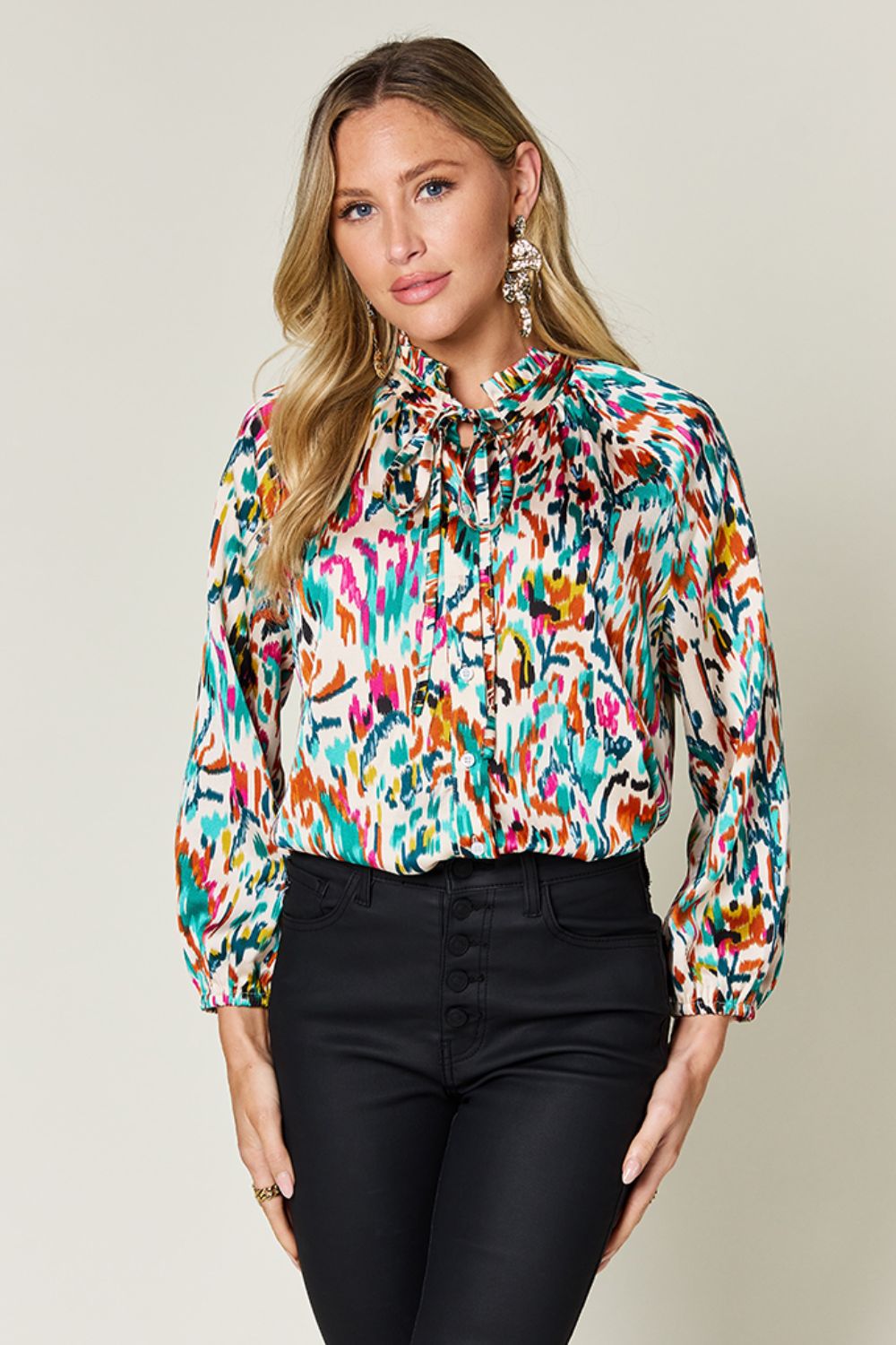 Double Take Full Size Printed Button Up Long Sleeve Shirt - Smart Shopper