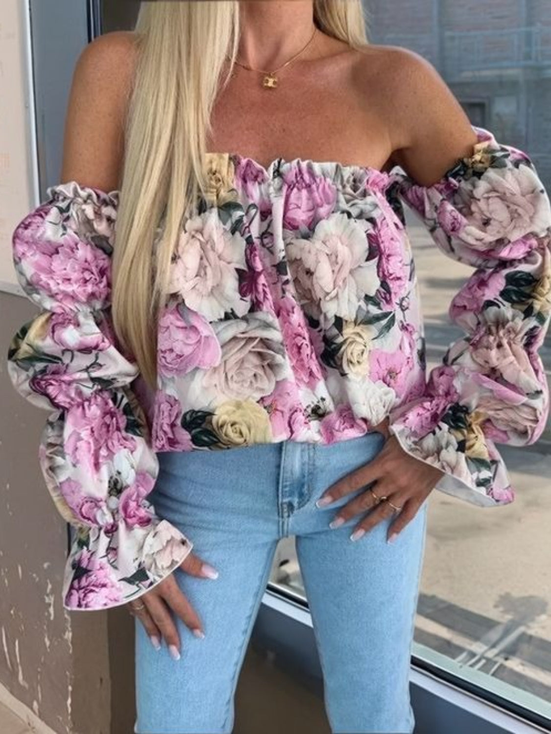 Printed Off-Shoulder Flounce Sleeve Blouse - Smart Shopper