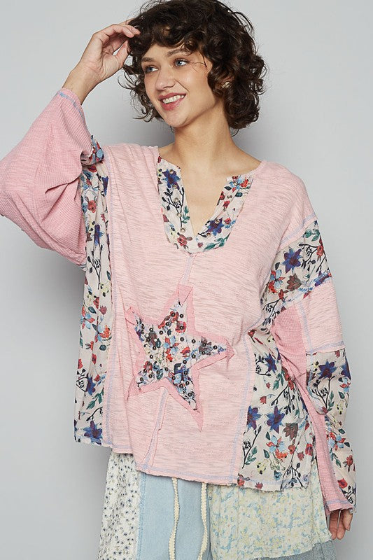 POL Floral Stud Detail Star Patch Notched Long Sleeve T-Shirt - Smart Shopper