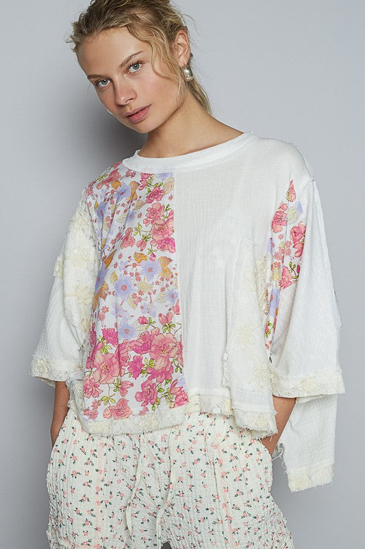 POL Floral Lace Patch Round Neck Double Gauze Top - Smart Shopper