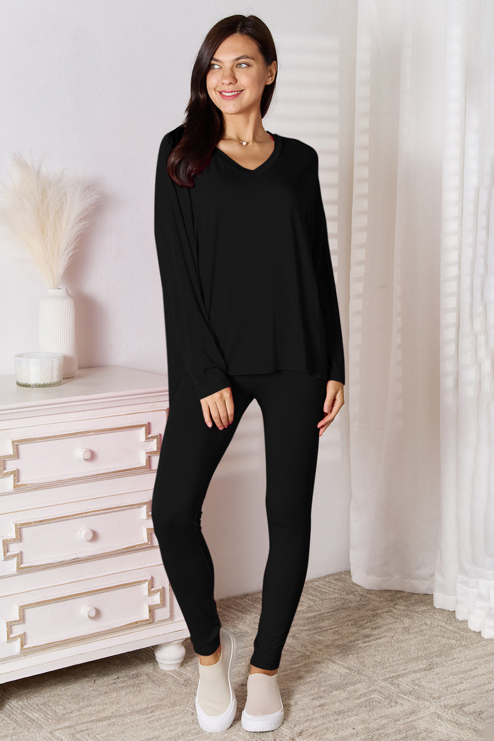 Basic Bae Bamboo Full Size V-Neck Long Sleeve Top and Pants Lounge Set - Smart Shopper