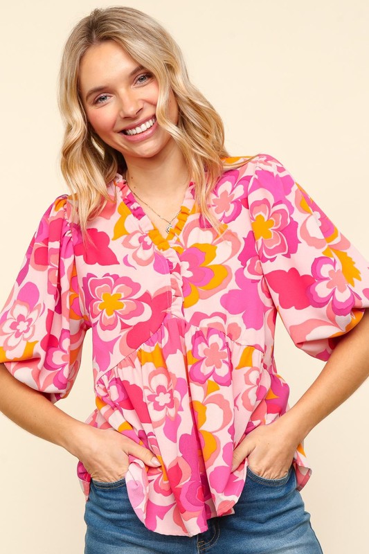 Haptics Full Size Frill Floral Puff Sleeve Blouse - Smart Shopper