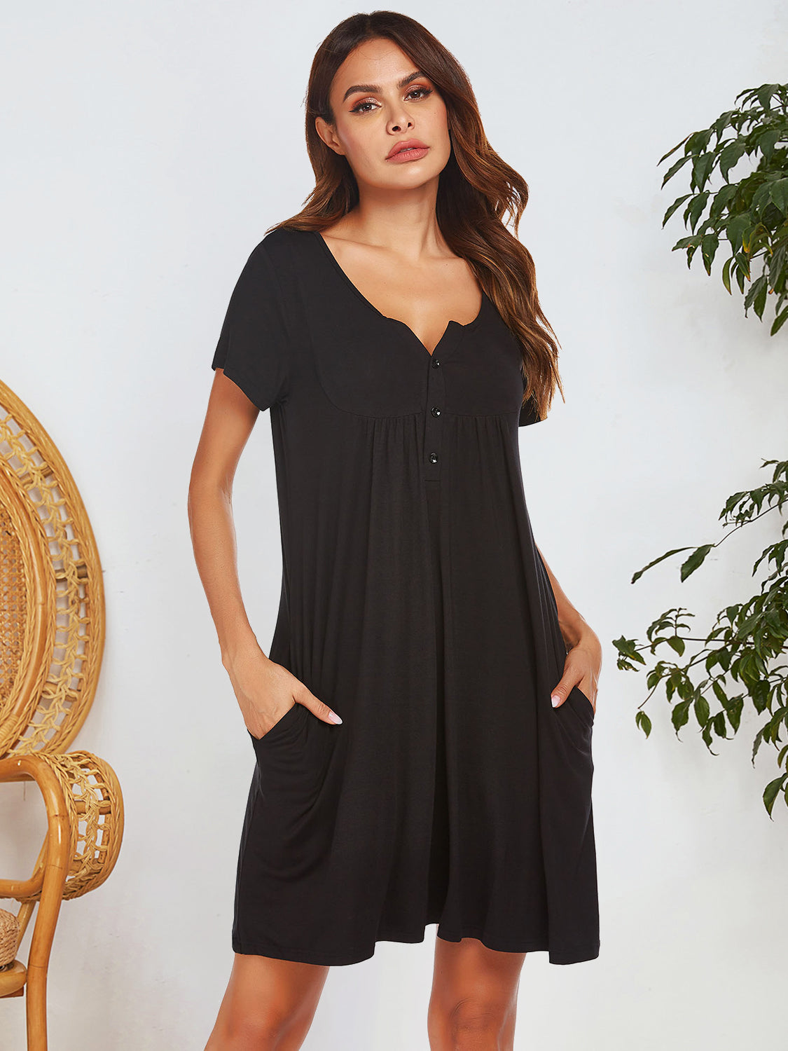 Notched Short Sleeve Mini Lounge Dress - Smart Shopper