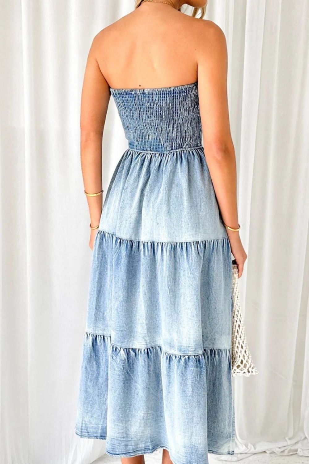 Smocked Tube Slit Tiered Denim Dress - Smart Shopper