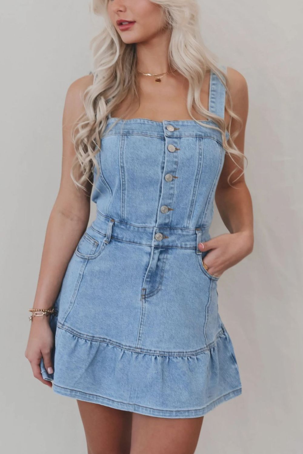 Ruffled Hem Button Front Square Neck Denim Dress - Smart Shopper