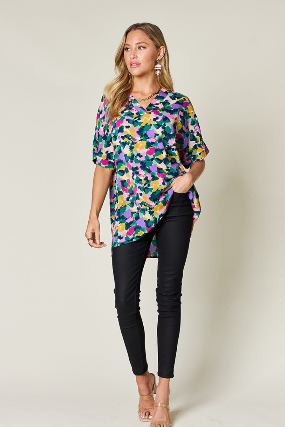 Double Take Full Size Printed V-Neck Short Sleeve Side Slit Top - Smart Shopper