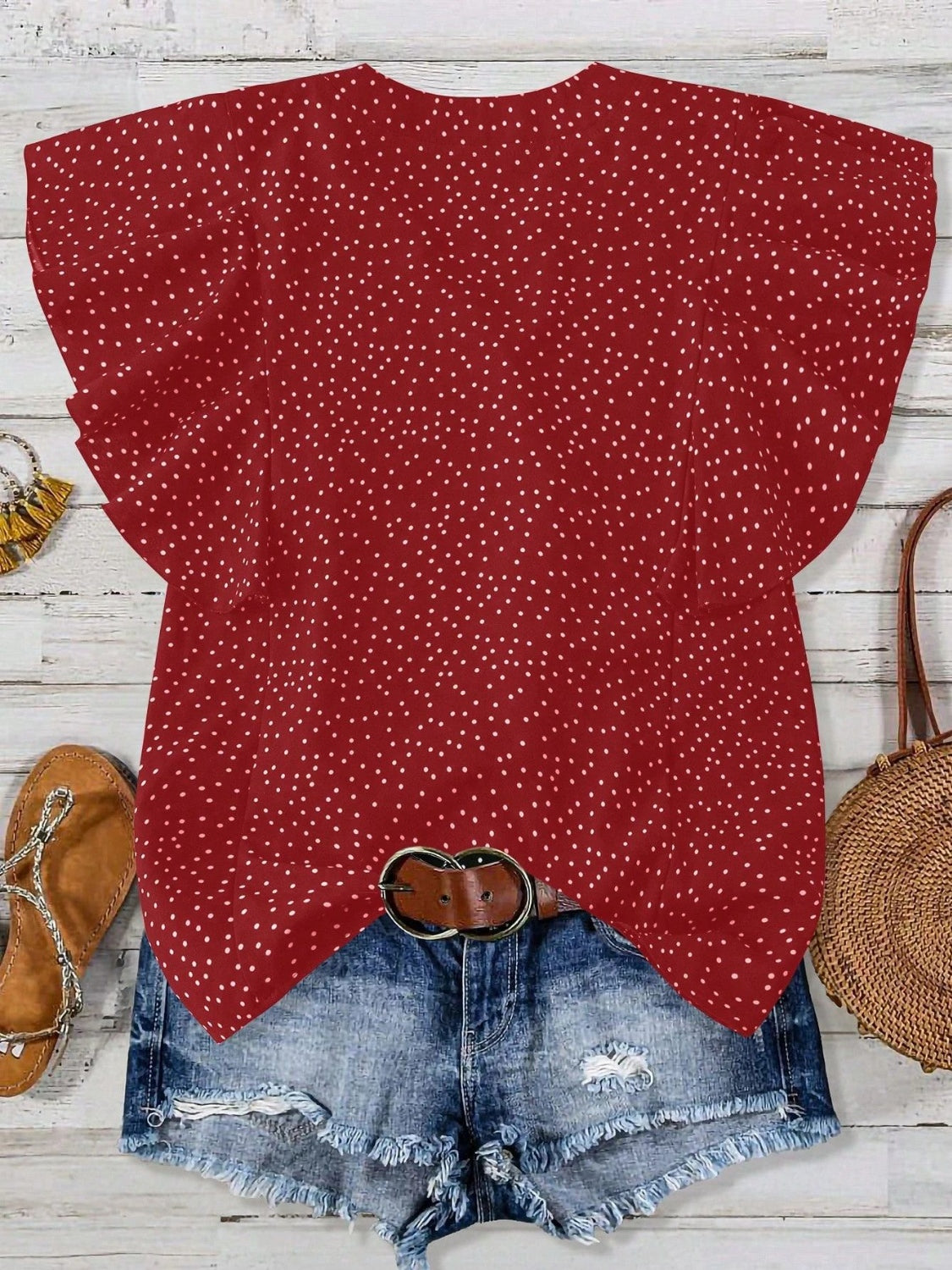 Polka Dot Notched Ruffled Cap Sleeve Blouse - Smart Shopper