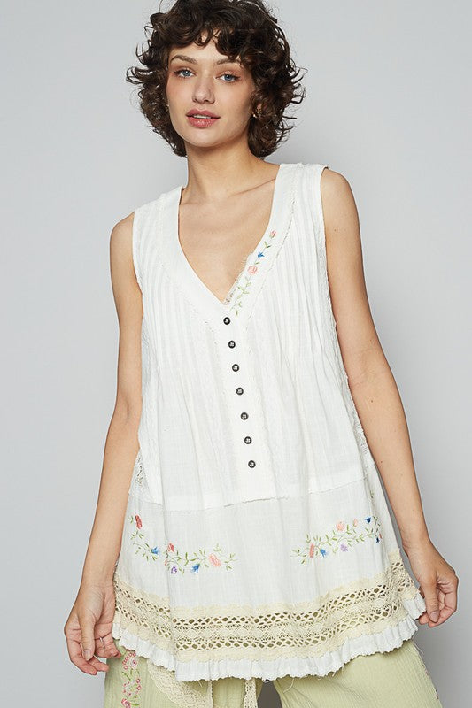 POL Embroidered Lace Detail V-Neck Sleeveless Top - Smart Shopper