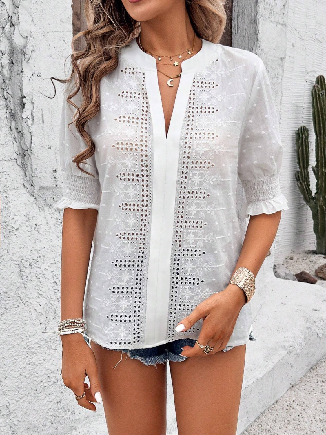 Eyelet Notched Flounce Sleeve Blouse - Smart Shopper