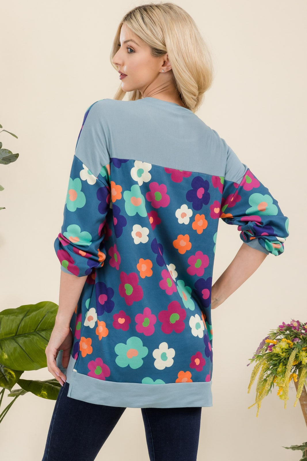 Celeste Full Size Side Slit Flower Print Long Sleeve Top - Smart Shopper