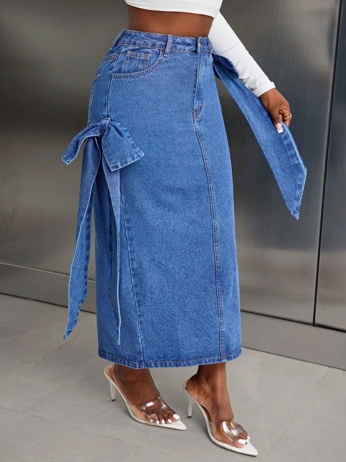 Bow Slit Back Denim Skirt - Smart Shopper