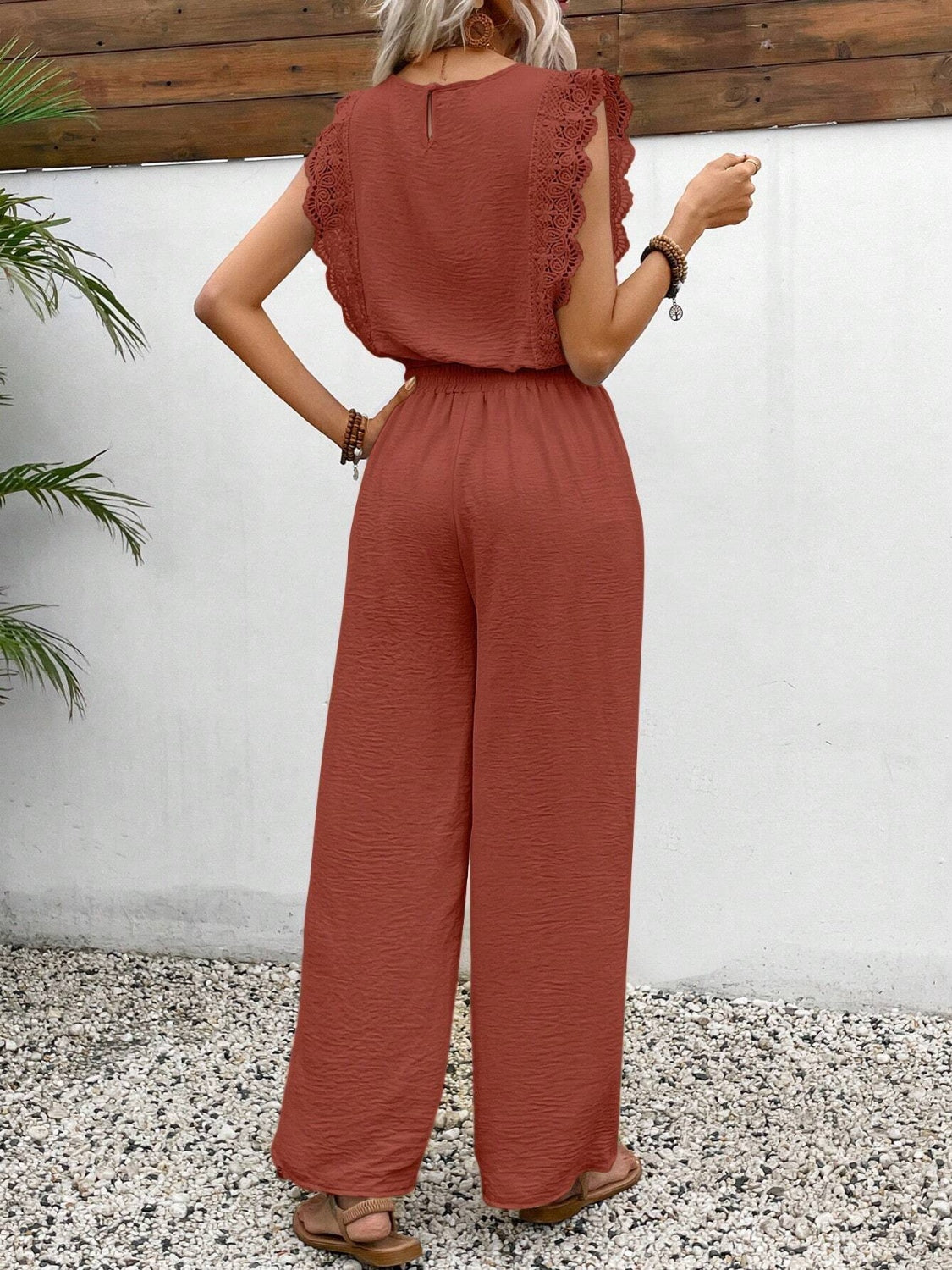 Lace Trim Round Neck Top and Pants Set - Smart Shopper