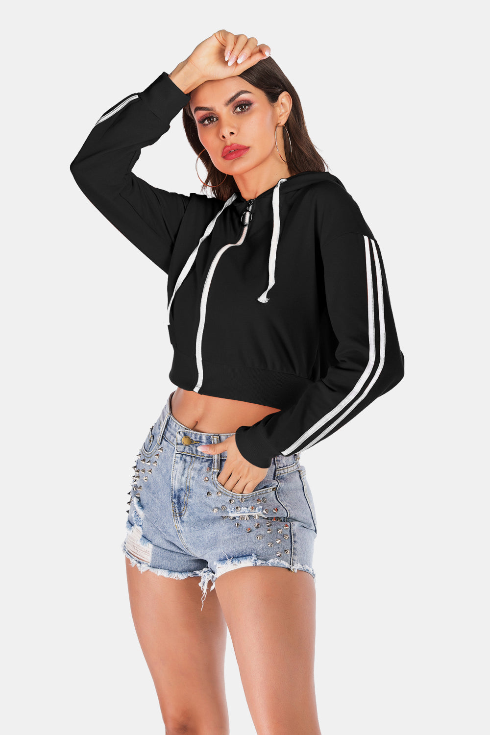 Perfee Side Stripe Drawstring Cropped Hooded Jacket - Smart Shopper