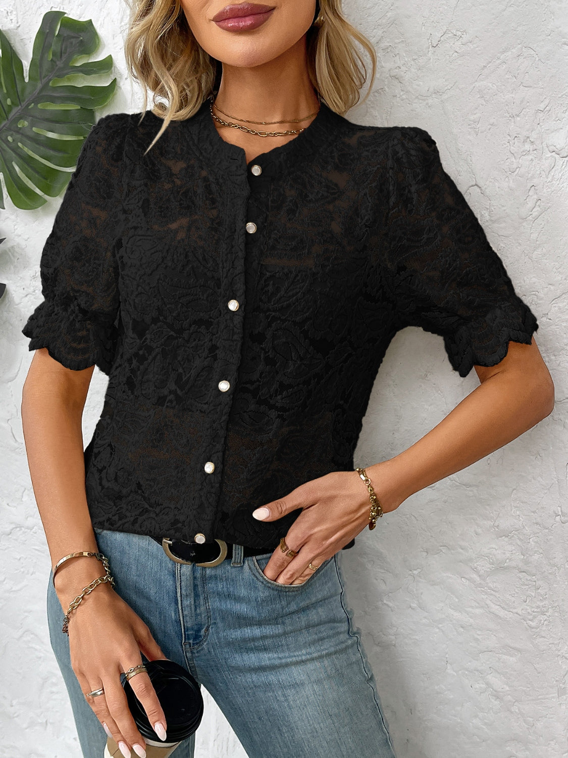 Button Down Half Sleeve Lace Shirt - Smart Shopper