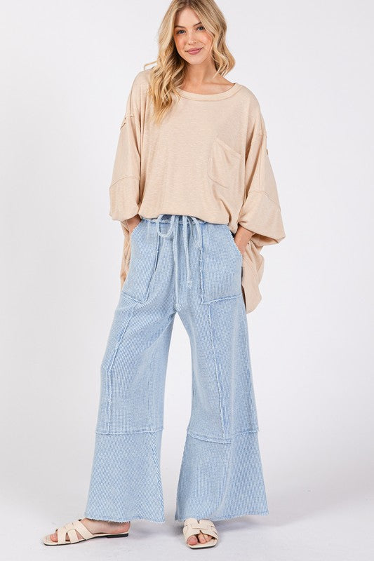 SAGE + FIG Waffle Textured Wide Leg Mineral Washed Pants - Smart Shopper