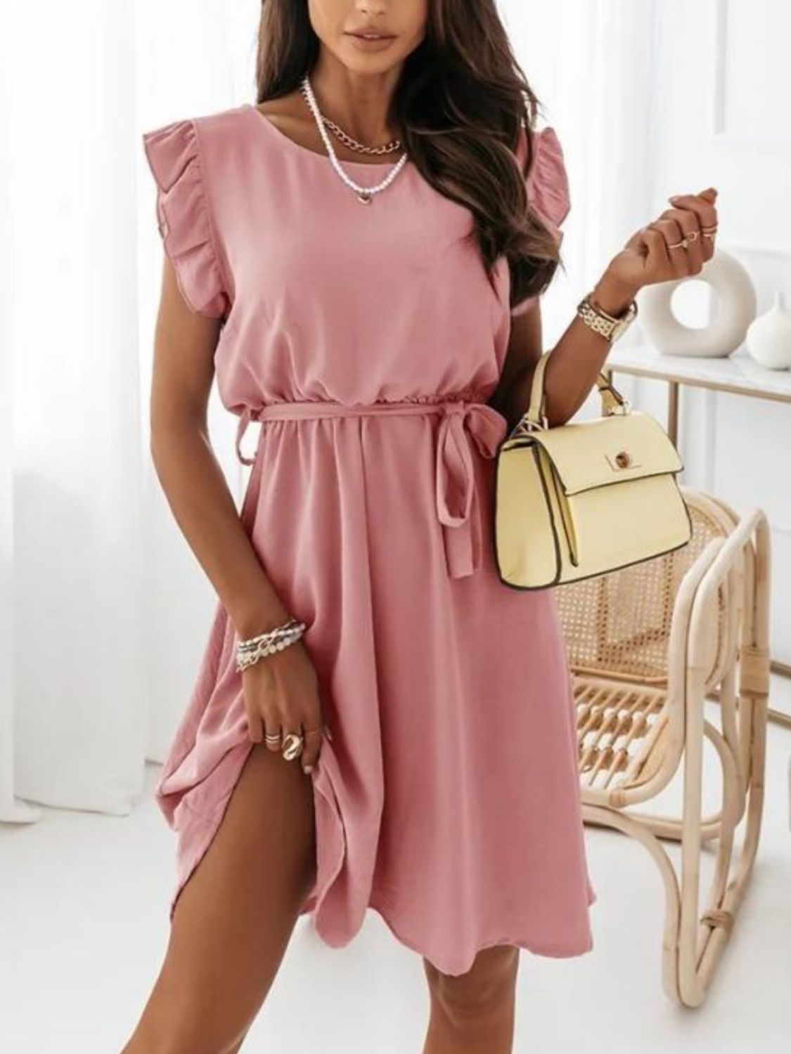 Round Neck Ruffled Cap Sleeve Tie Waist Dress - Smart Shopper