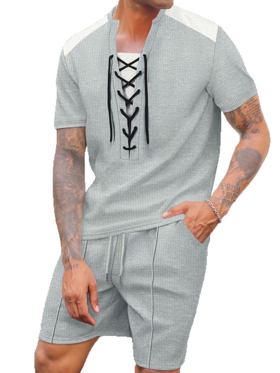 Men's Full Size Lace-Up Waffle Knit Top and Shorts Set Plus Size - Smart Shopper