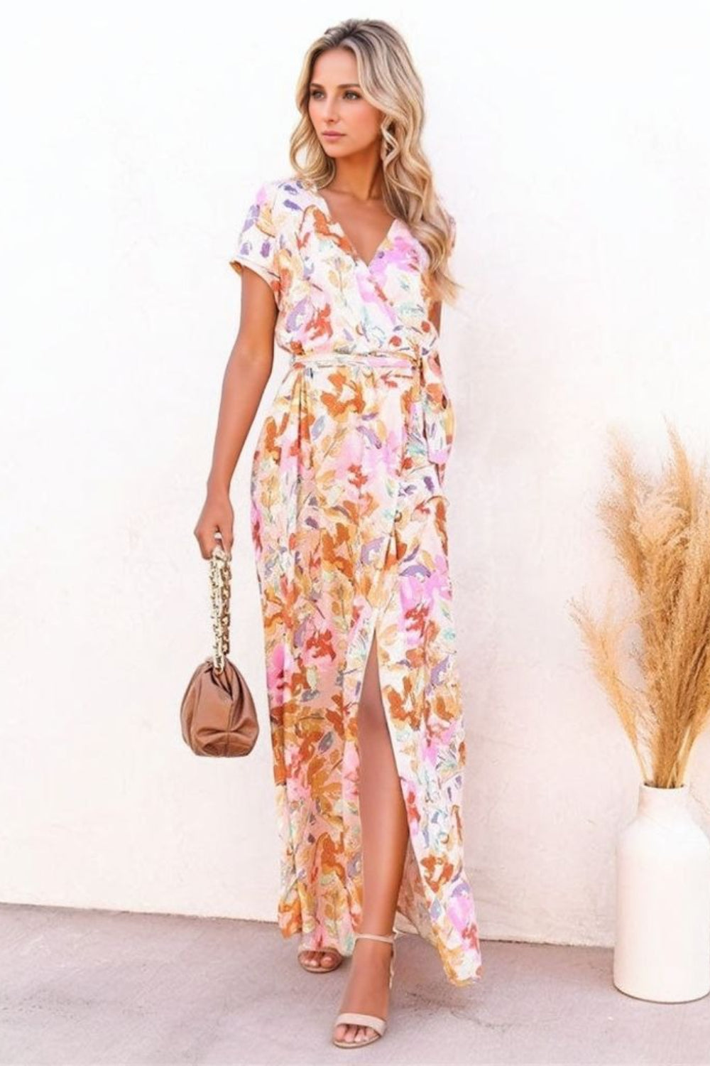 Printed Surplice Short Sleeve Tie Waist Maxi Dress - Smart Shopper