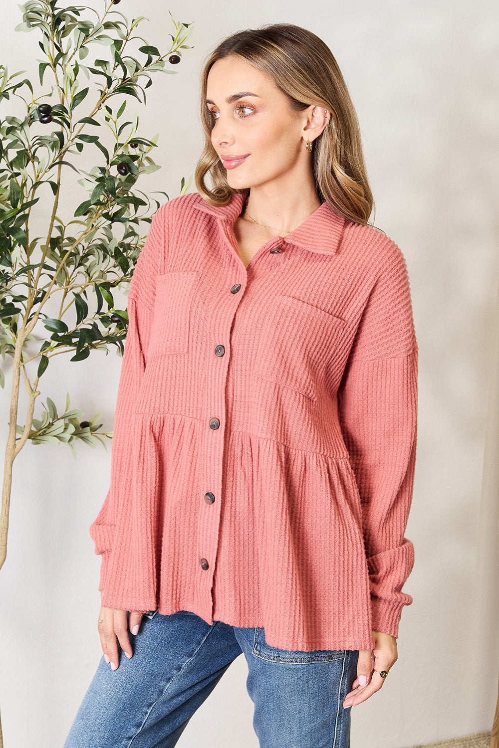 Heimish Full Size Waffle-Knit Button Down Blouse - Smart Shopper