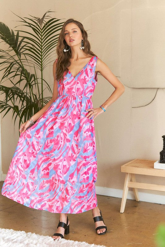 ADORA Abstract Floral V-Neck Maxi Dress - Smart Shopper