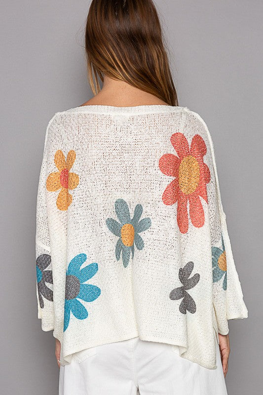 POL Flower Dropped Shoulder Long Sleeve Knit Top - Smart Shopper