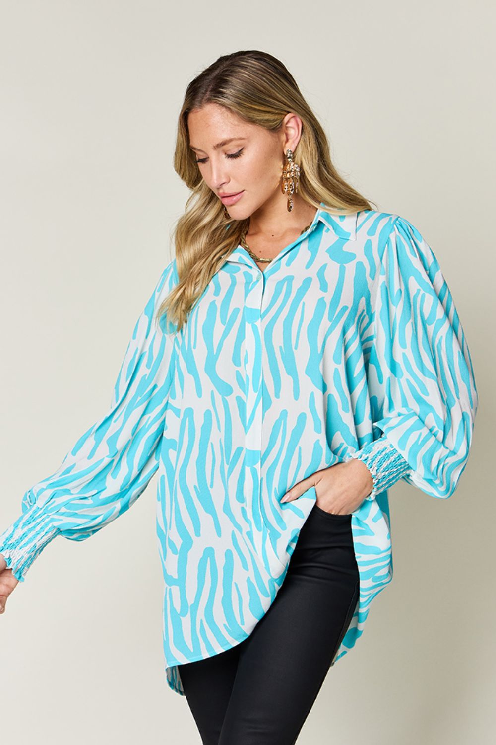 Double Take Full Size Printed Smocked Long Sleeve Blouse - Smart Shopper