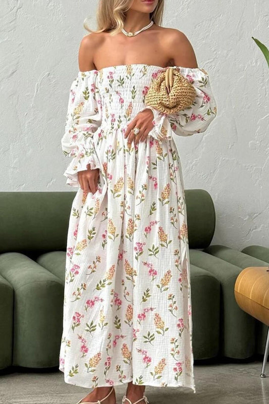 Printed Off Shoulder Smocked Flounce Sleeve Maxi Dress - Smart Shopper