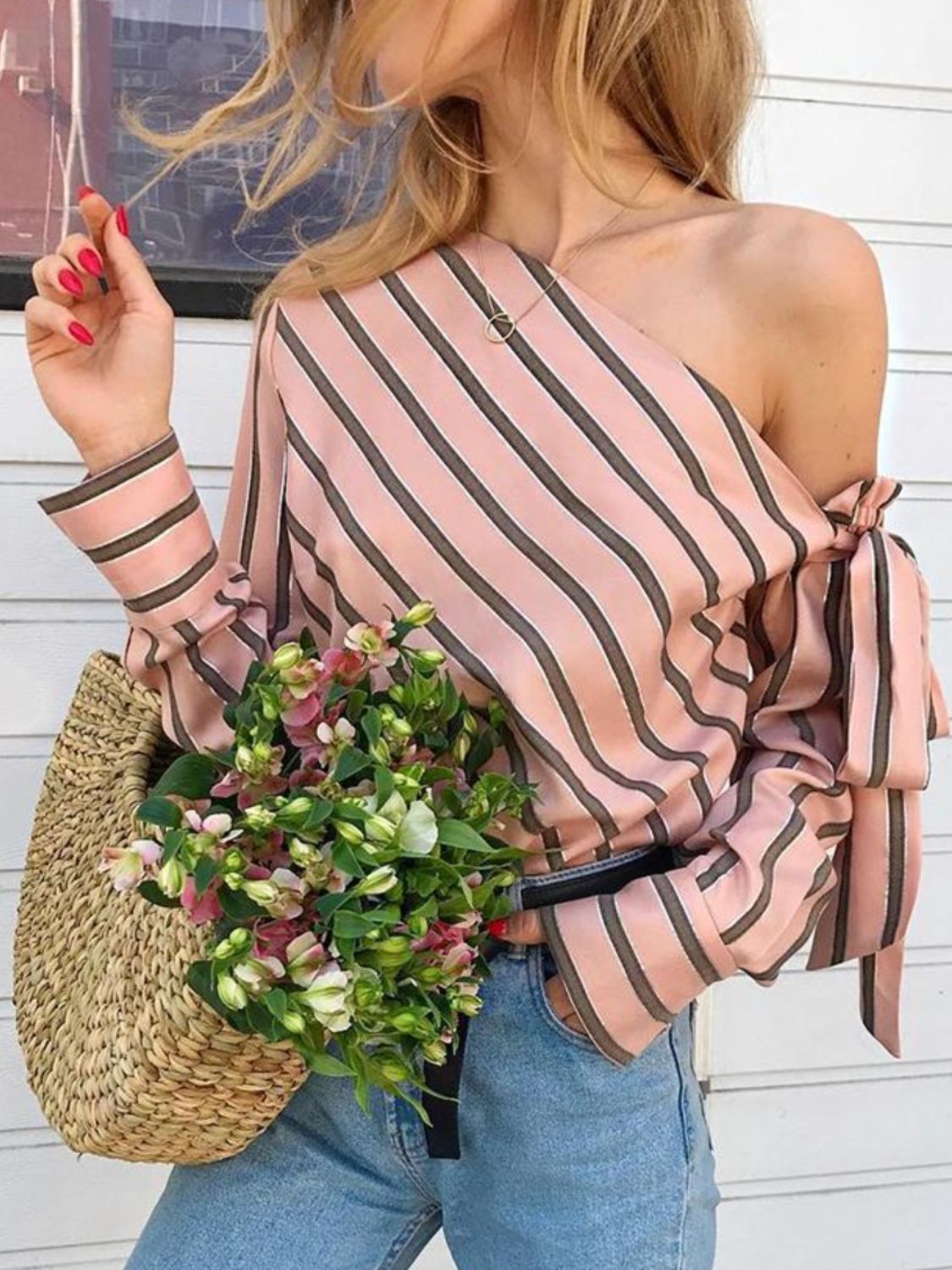 Striped Bow Knot One Shoulder Long Sleeve Blouse - Smart Shopper