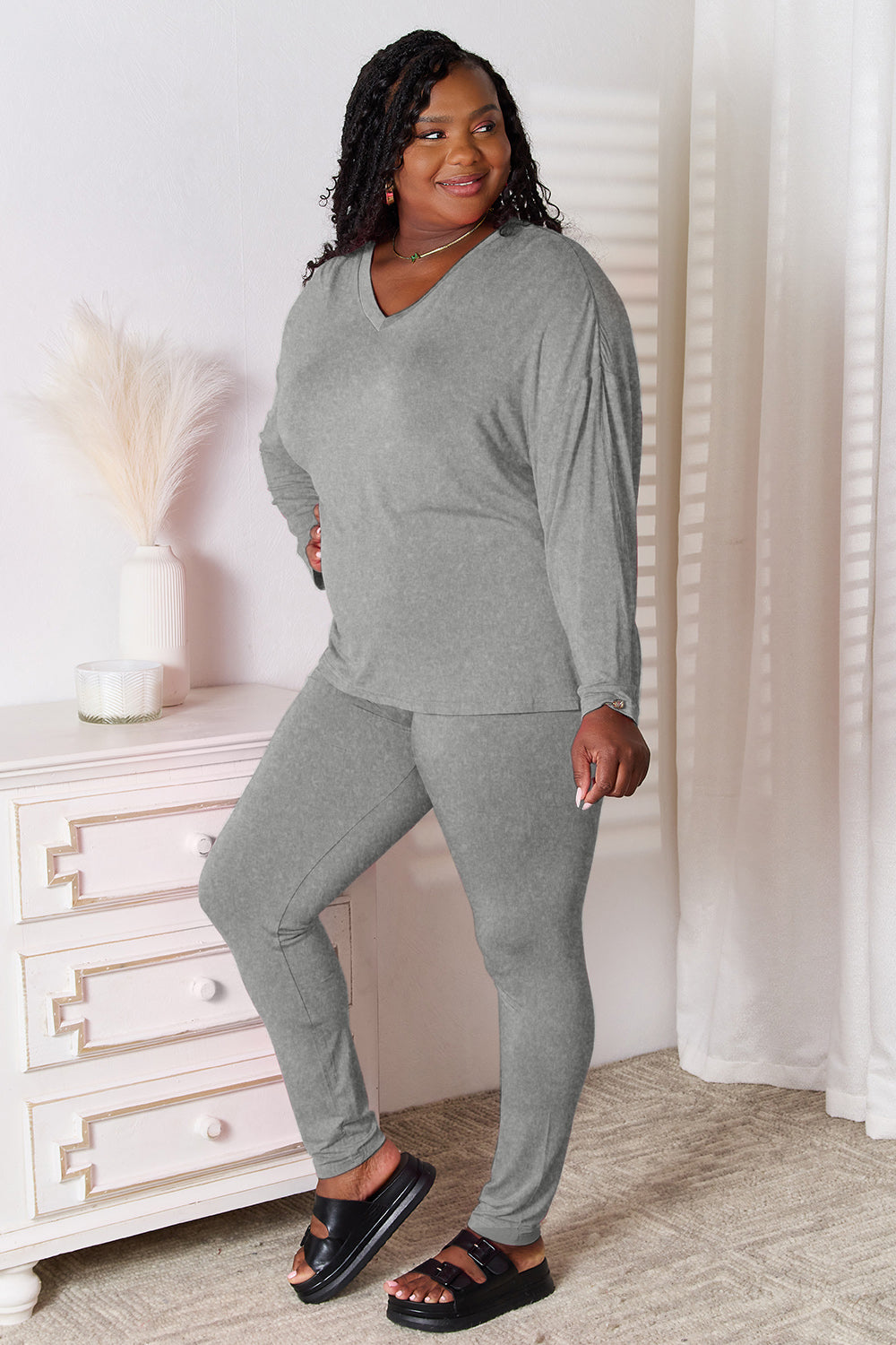 Basic Bae Bamboo Full Size V-Neck Long Sleeve Top and Pants Lounge Set - Smart Shopper