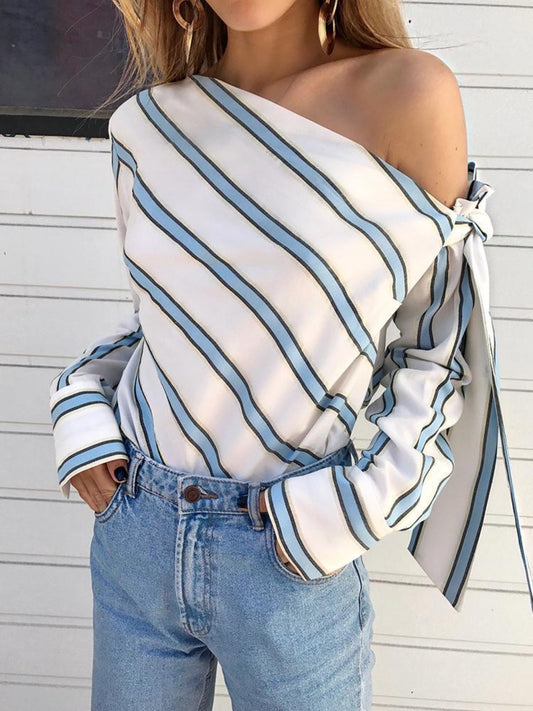 Striped Bow Knot One Shoulder Long Sleeve Blouse - Smart Shopper