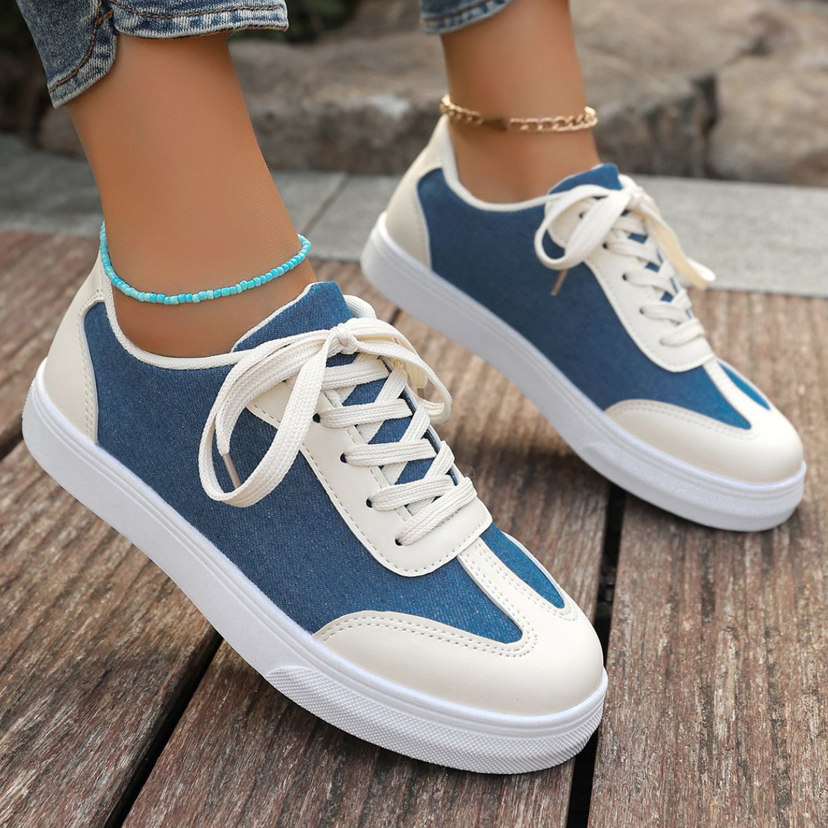 Contrast Round Toe Lace Up Sneakers - Smart Shopper