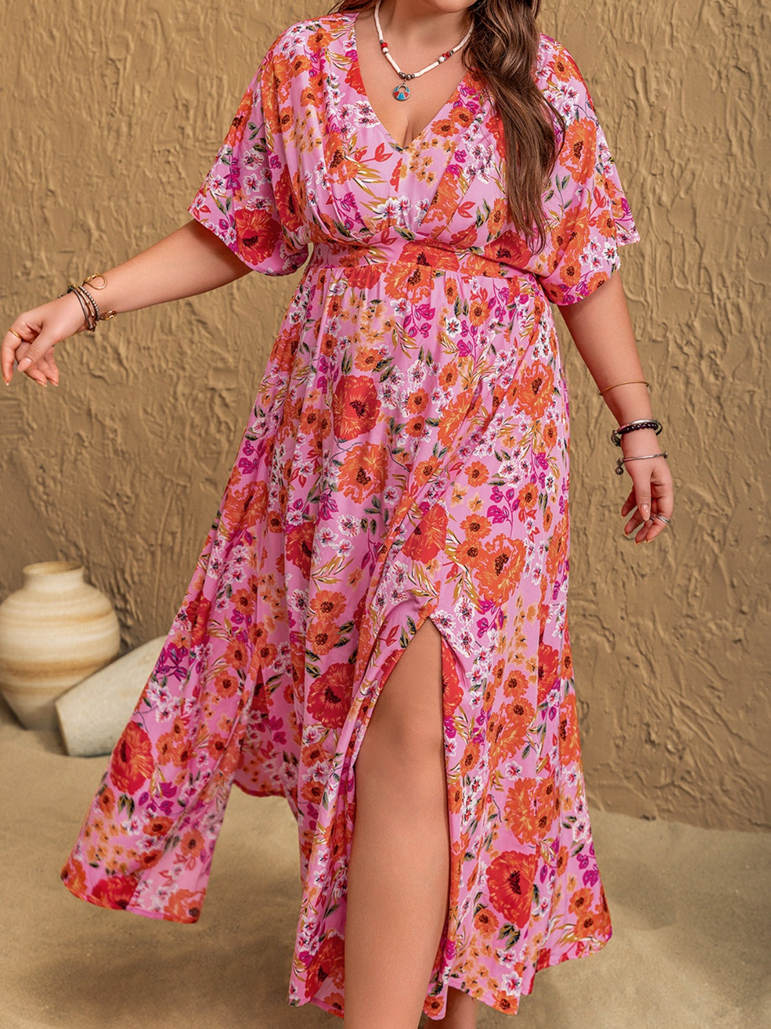 Plus Size Slit Floral V-Neck Half Sleeve Maxi Dress - Smart Shopper