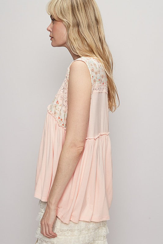 POL Lace Detail Frill Floral V-Neck Sleeveless Top - Smart Shopper