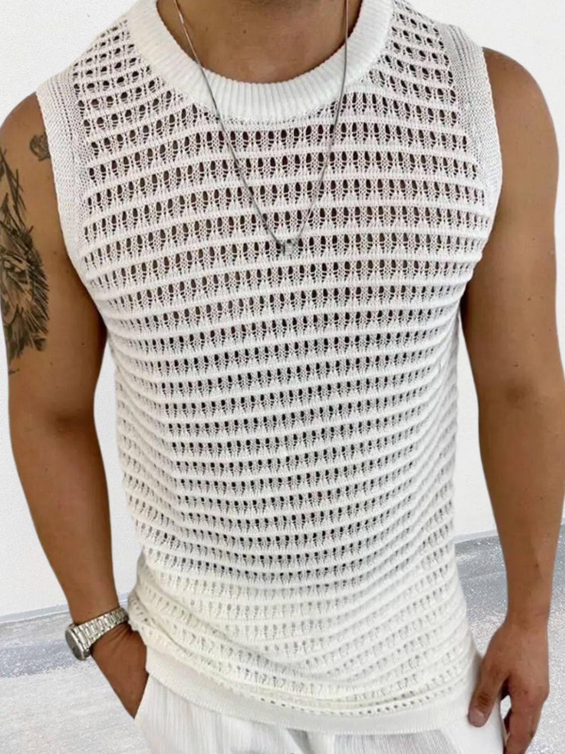 Men's Round Neck Hollow Out Sleeveless Knit Top - Smart Shopper